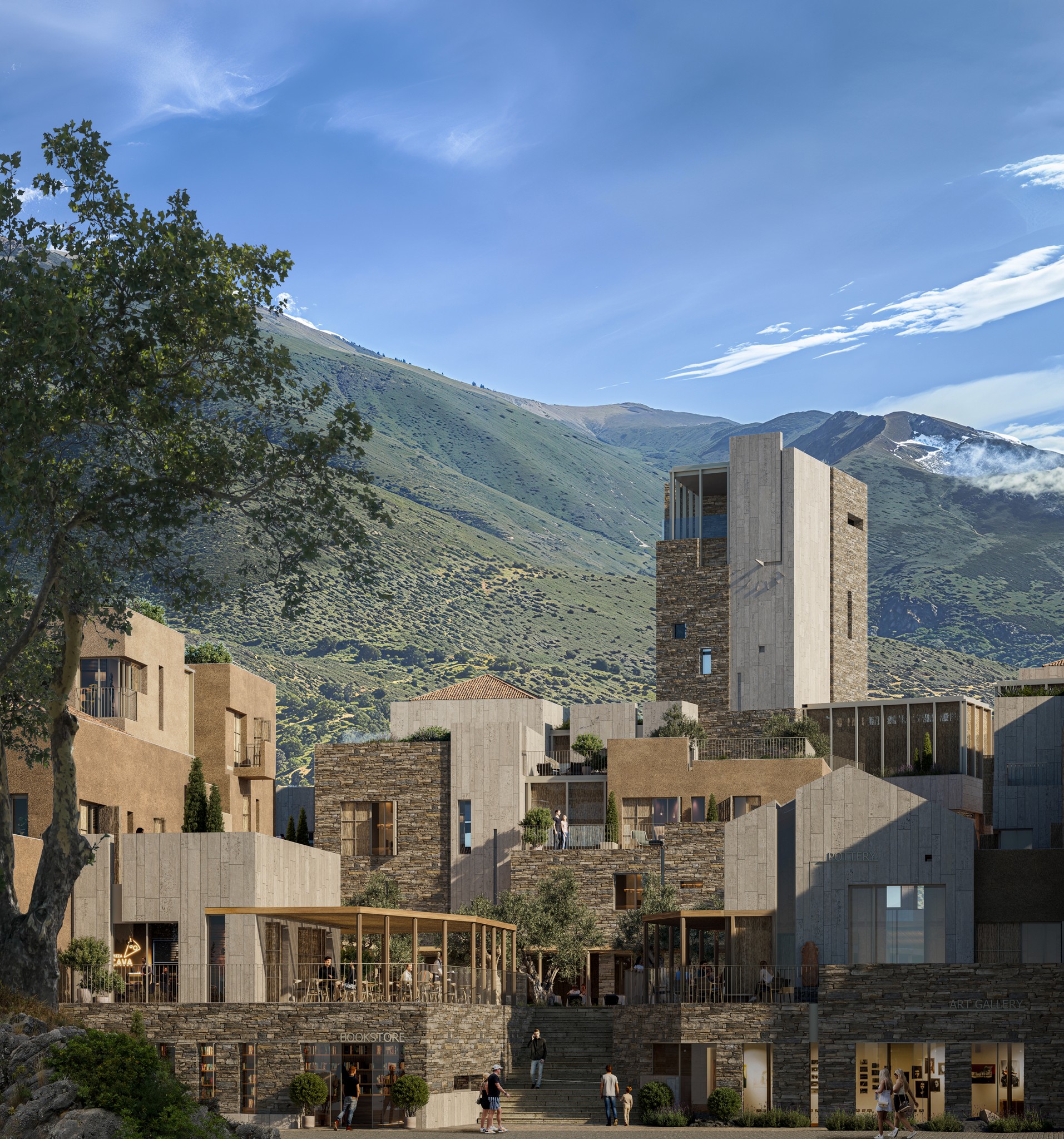 Tall stone tower overlooking green mountains and a coastal village.